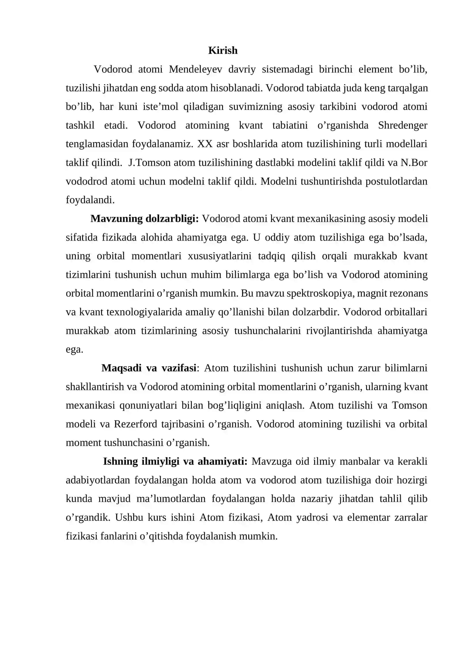 Vodorod atomining orbital momentlarini o’rganish mavzusida tayyor kurs ishi. 2