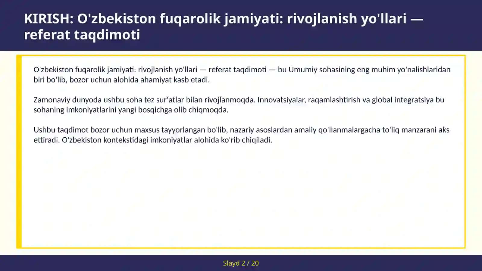 O'ZBEKISTON FUQAROLIK JAMIYATI: RIVOJLANISH YO'LLARI — REFERAT TAQDIMOTI 2