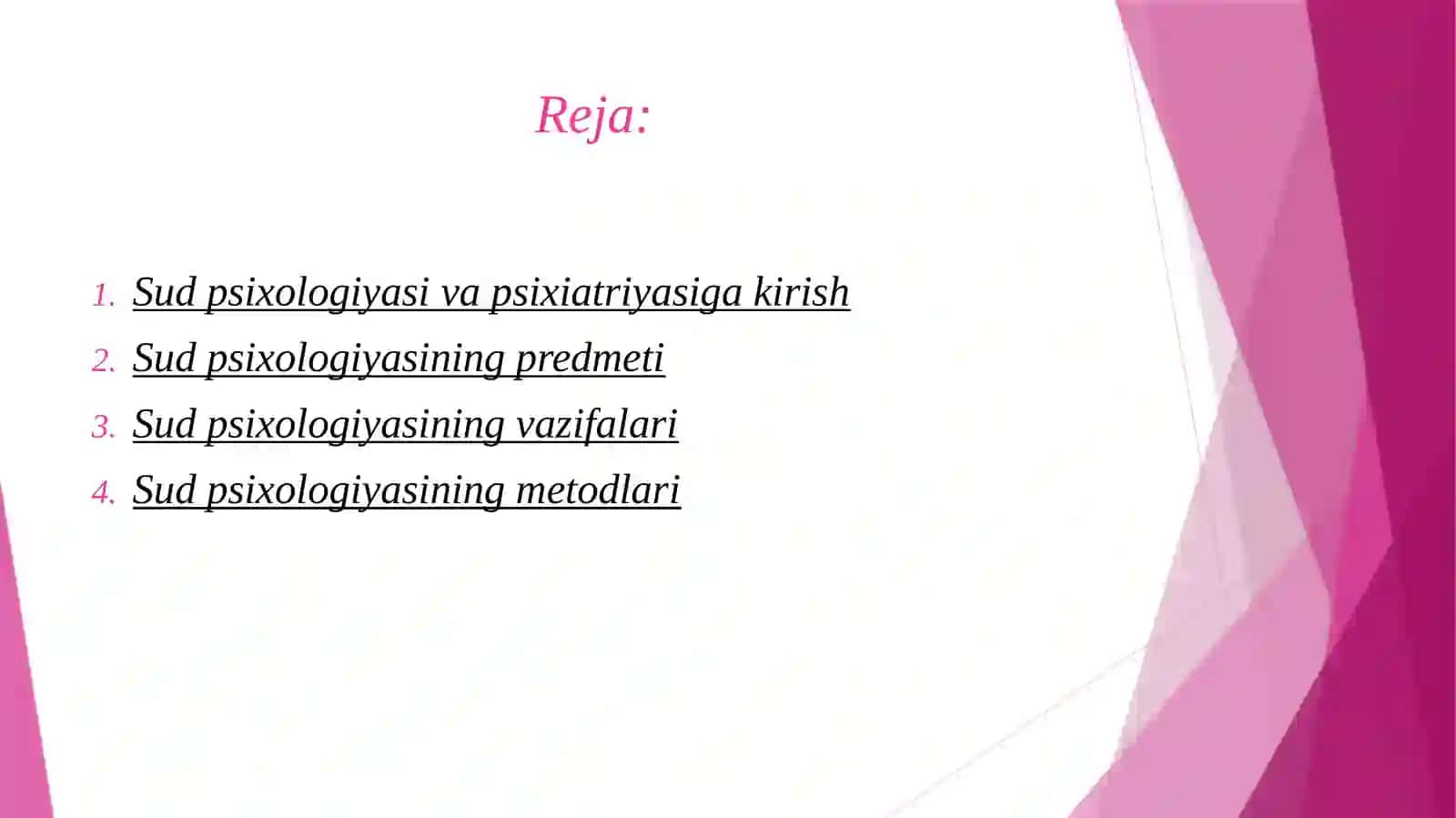 Sud psixologiyasi va psixiatriyasiga kirish. Sud psixologiyasining predmeti, vazifalari va metodlari. 2