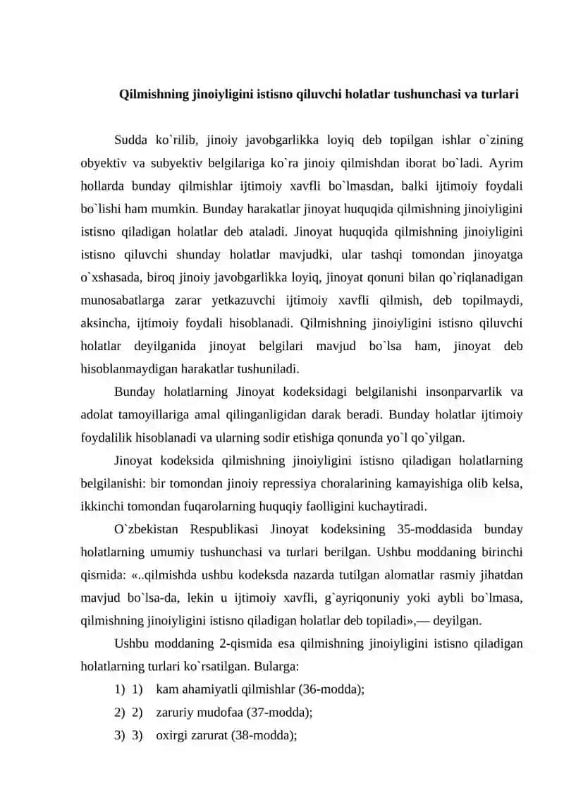 Qilmishning Jinoiyligini Istisno Qiladigan Holatlar Tushunchasi va Turlari 2
