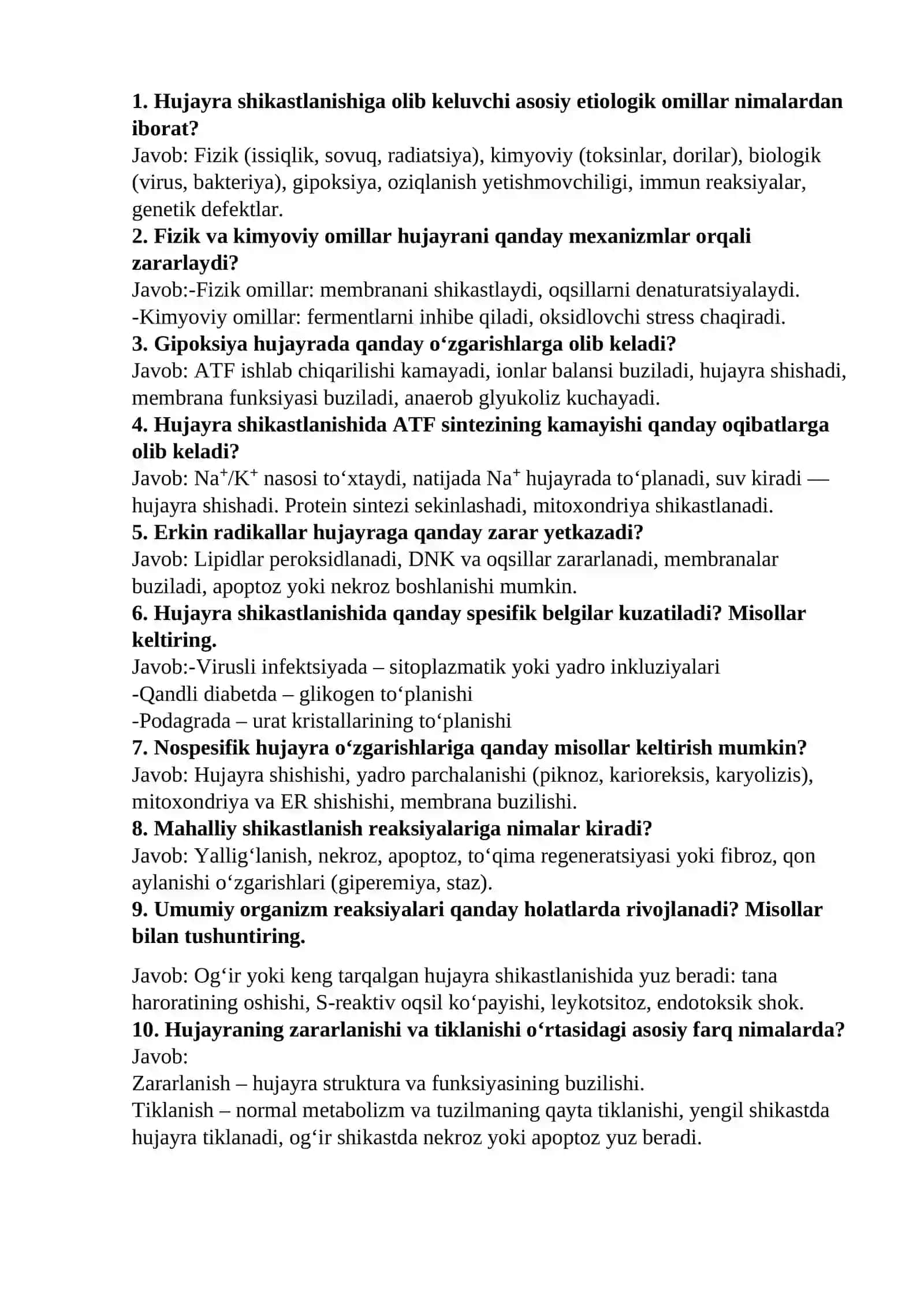 Hujayra shikastlanishiga mahalliy va umumiy reaksiyalar. Hujayra zararlanishining etiologik omillari, rivojlanish mexanizmi, spesifik va nospesifik belgilari 2
