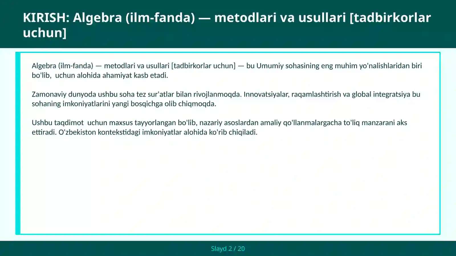 Algebra (ilm-fanda) — metodlari va usullari [tadbirkorlar uchun] 2