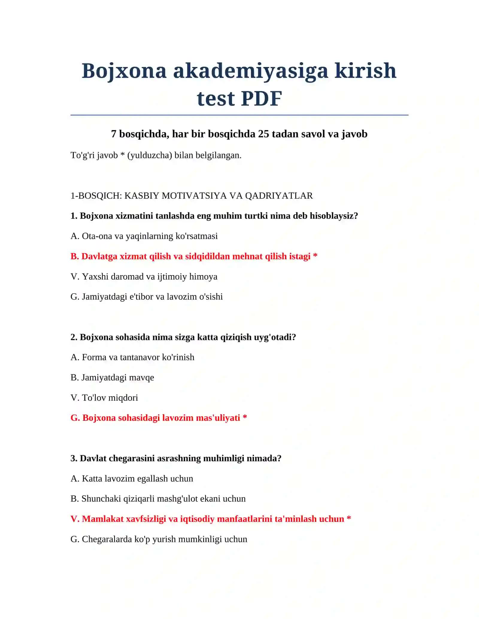 Bojxona akademiyasiga kirish test PDF 2
