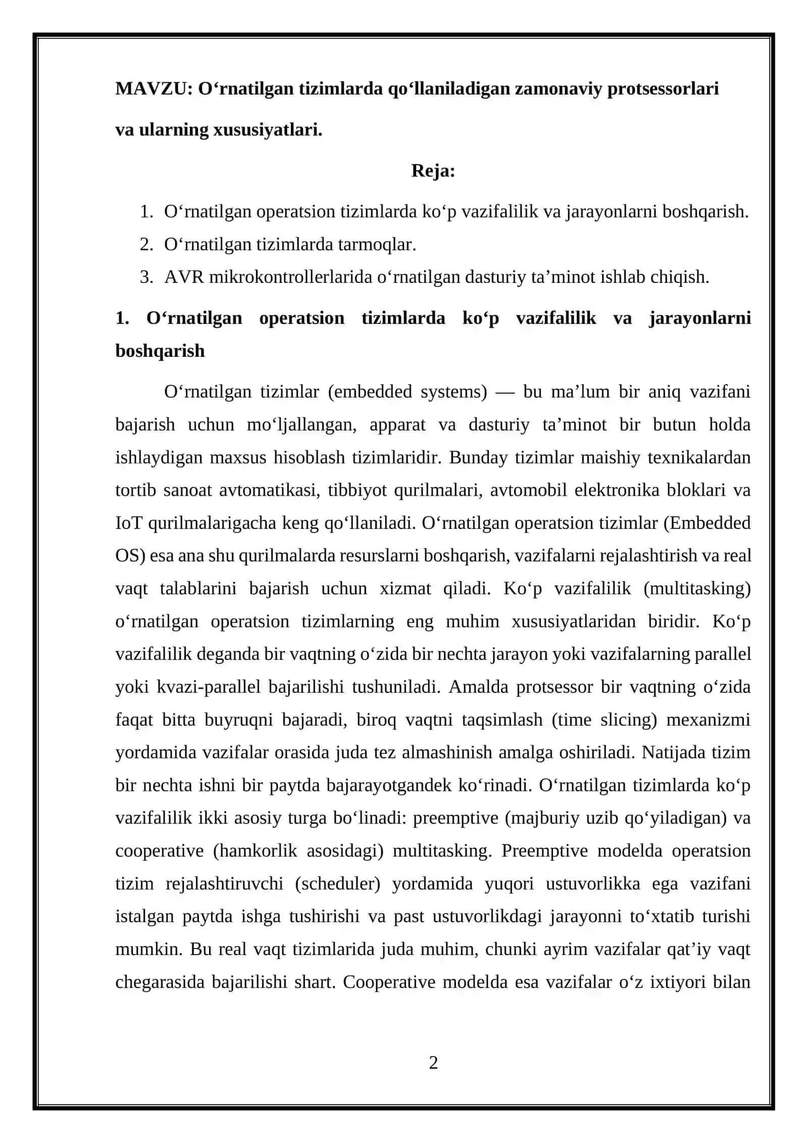 O‘rnatilgan tizimlarda qo‘llaniladigan zamonaviy protsessorlari va ularning xususiyatlari. 2