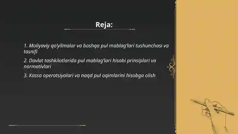 Davlat tashkilotlarida moliyaviy qo’yilmalar va boshqa pul mablag’lari hisobi 2