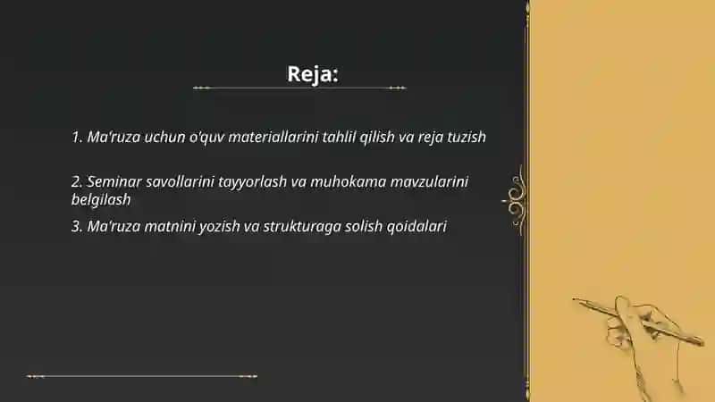 Ma'ruza va seminar mashgʻulotlarini va uy ishlarini bajarish 2