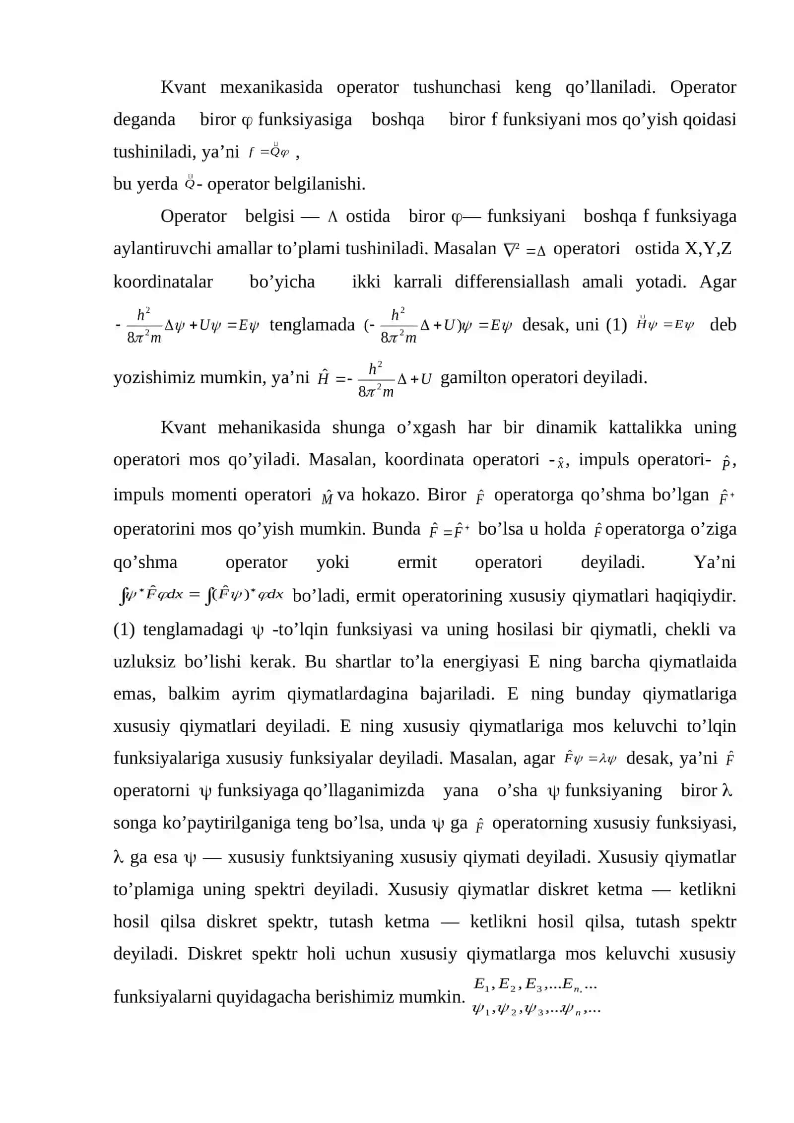 Operatorlar nazariyasidan qisqacha ma’lumot vodorod atomining kvant nazariyasi zeyeman effekti 2
