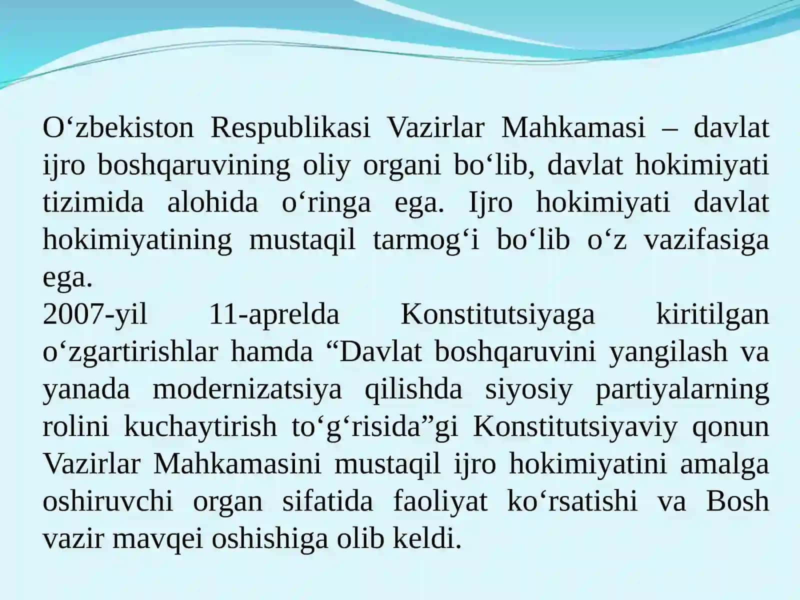 O‘zbekiston Respublikasi Vazirlar Mahkamasining asosiy funksiyalari 2