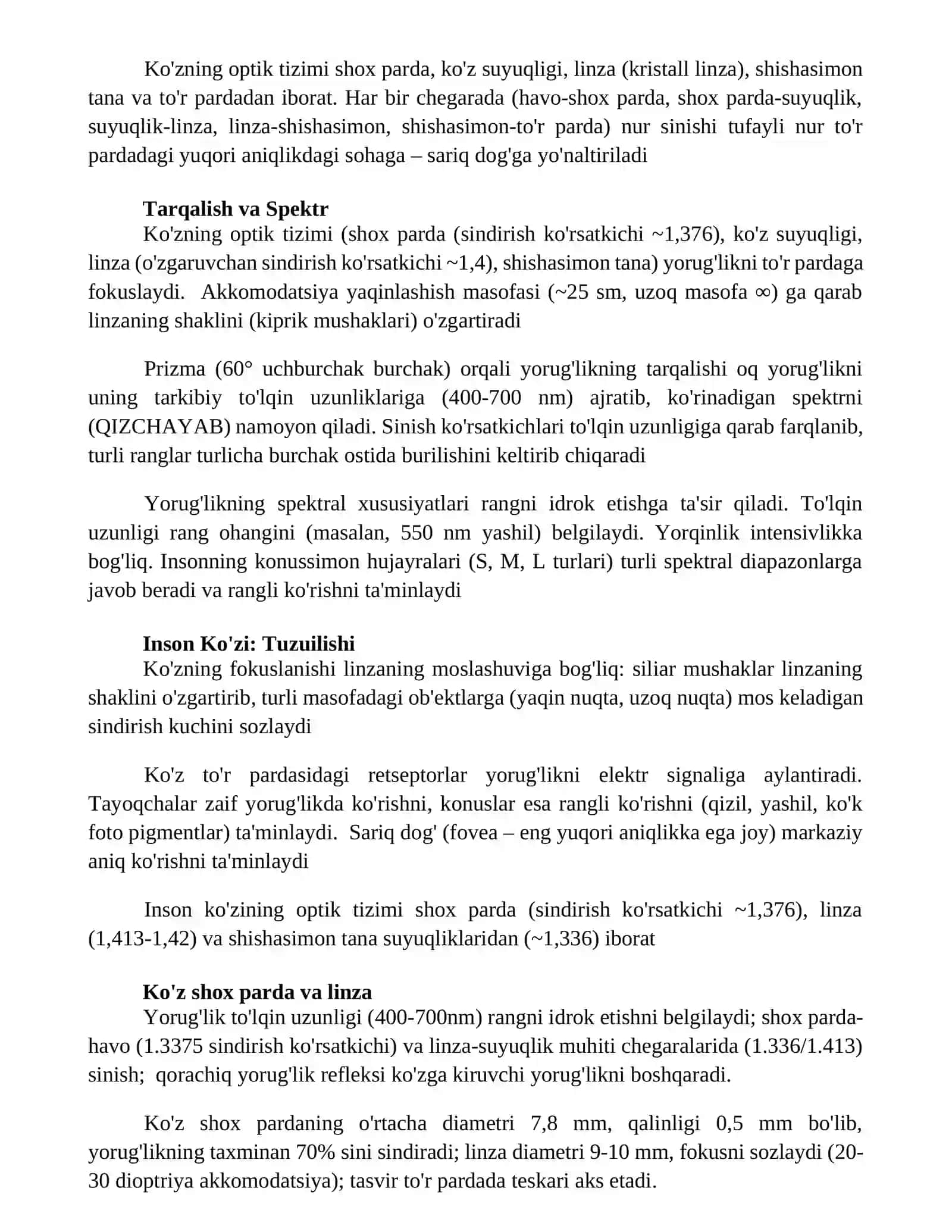 Optika. Yorug'likning xossalari. Ko'zning optik tizimi 2