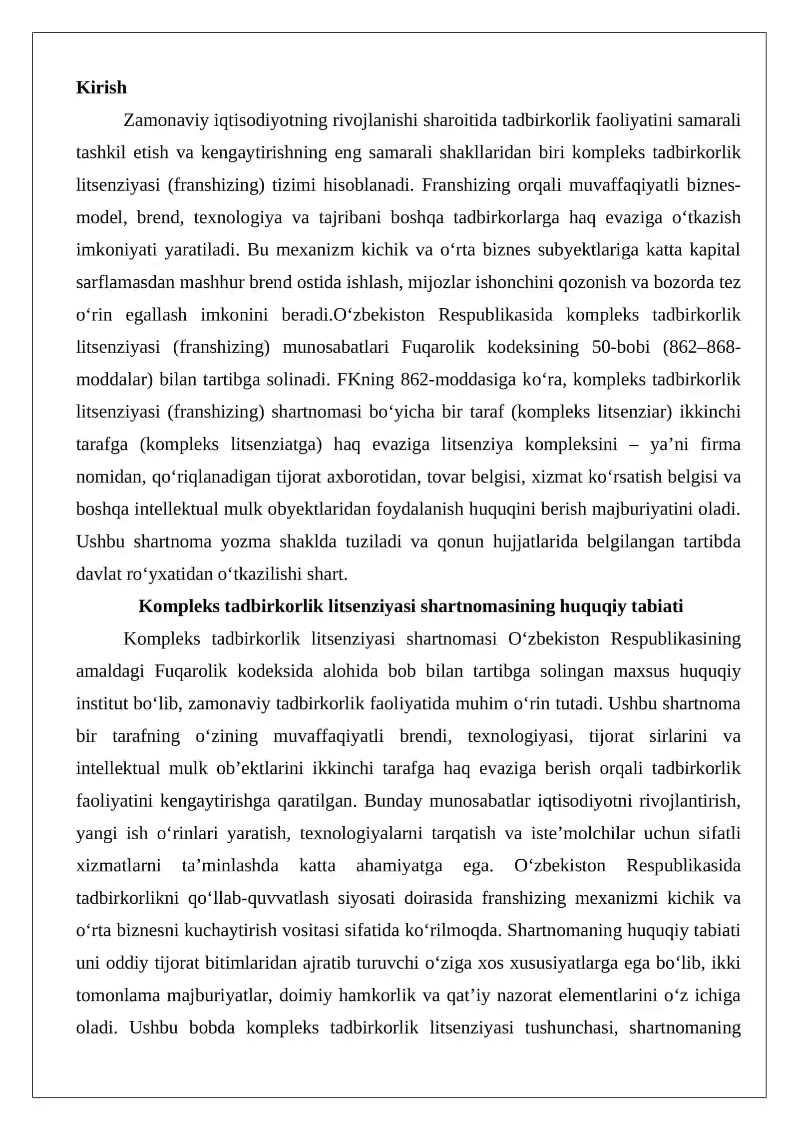 Kompleks tadbirkorlik litsenziyasi (franshizing) shartnomasi tushunchasi va mazmuni 2