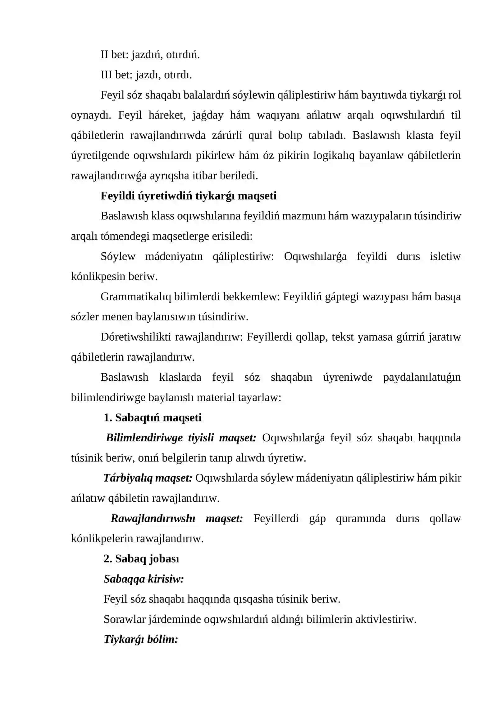 Feyil sóz shaqabın úyreniwde qollanılatuģın bilimlendiriwge tiyisli tayarlaw 2