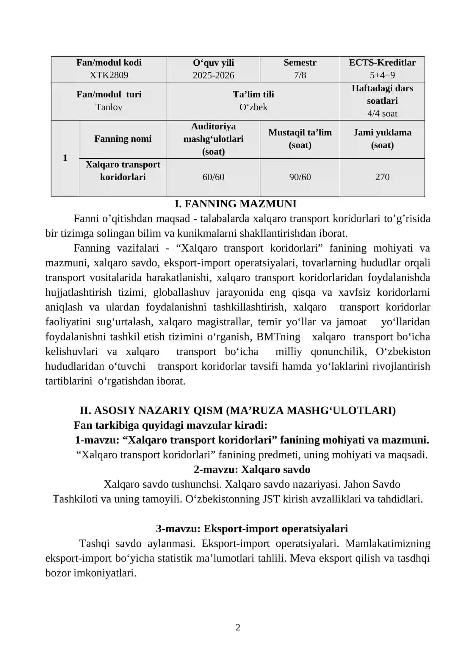 Xalqaro transport koridorlari o‘quv dasturi 2