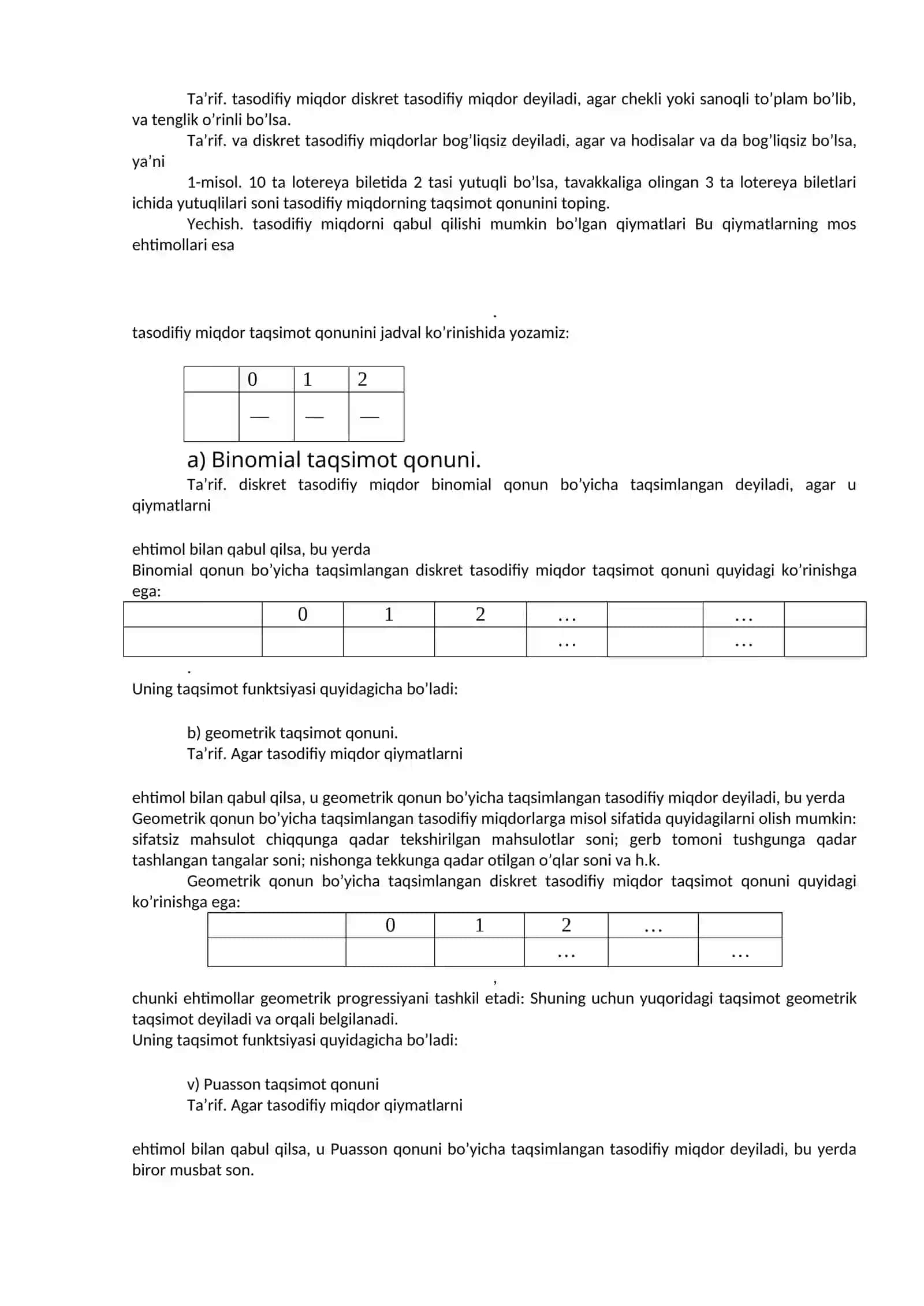 TASODIFIY MIQDORLAR. TAQSIMOT QONUNLARI 2
