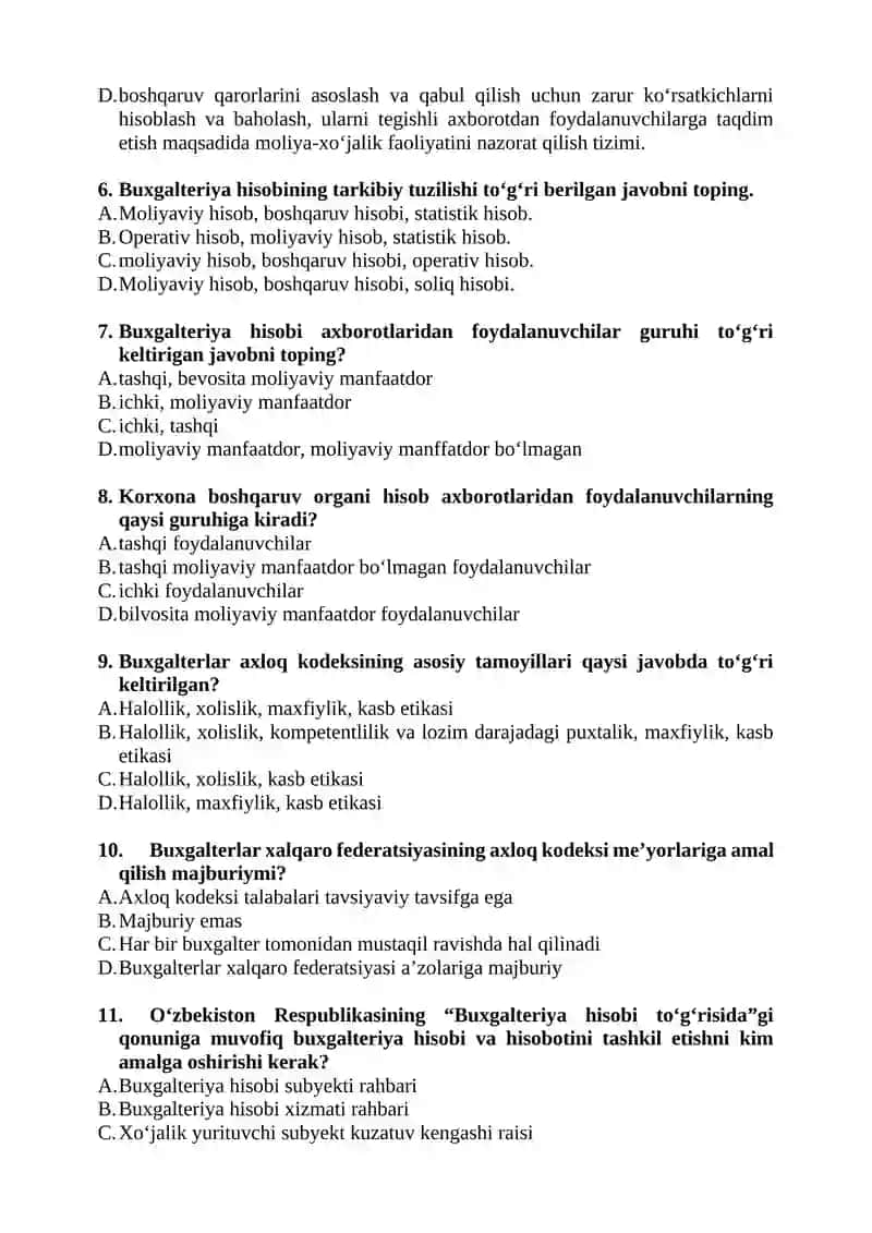 PROFESSIONAL BUXGALTERIYA AMALIYOTI FANIDAN TEST SAVOLLARI 2