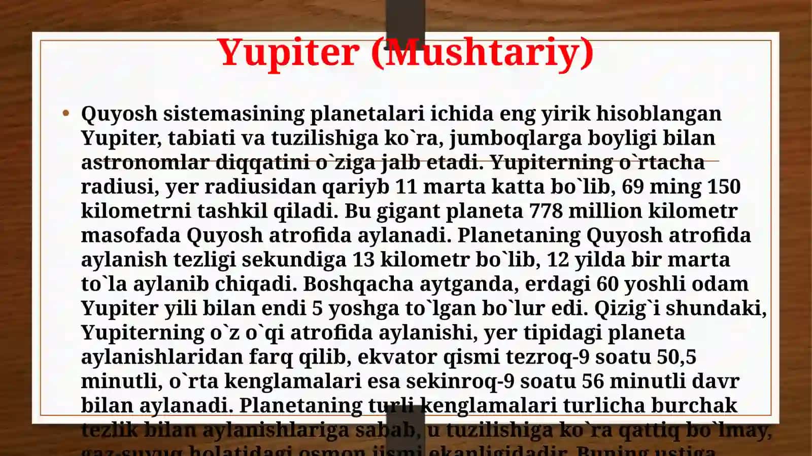 Gigant sayyoralarning fizik tabiatlari. Ularning halqalari va yo‘ldoshlari. 11-sinf astronomiya fanidan dars ishlanma. 2