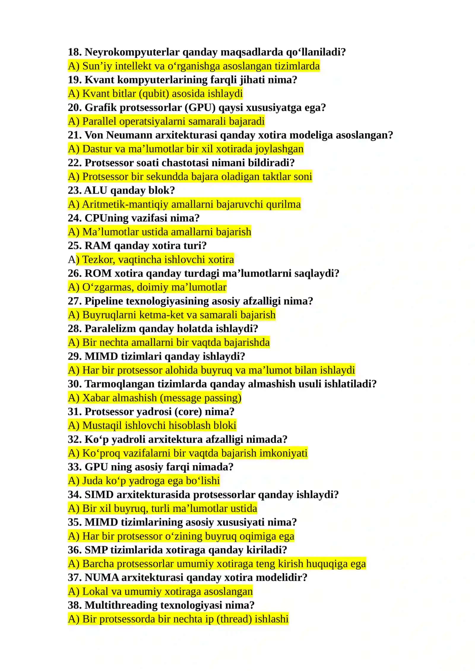 KOMPYUTER ARXITEKTURASI fanidan yakuniy nazorat test savollari 2