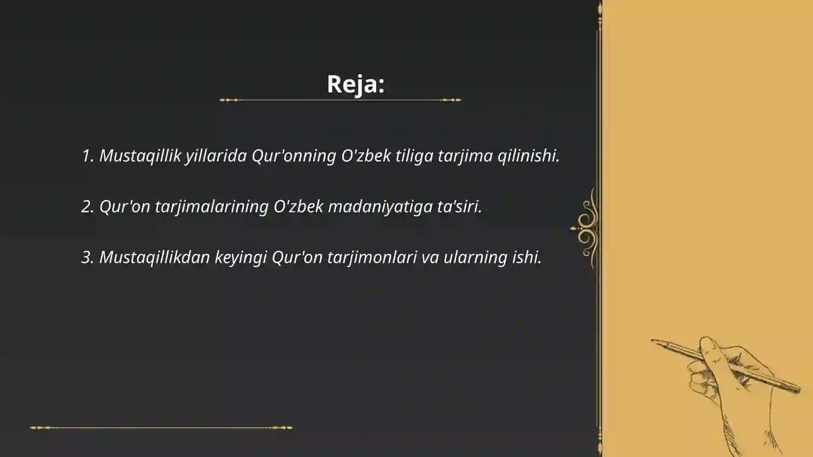 Mustaqillik yillarida Qur'onning o'zbek tiliga tarjima qilinishi va tafsirlari haqida taqdimot tayyorlash 2