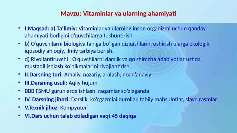 Vitaminlar va ularning ahamiyati mavzusida bir soatlik dars ishlanmasi 2