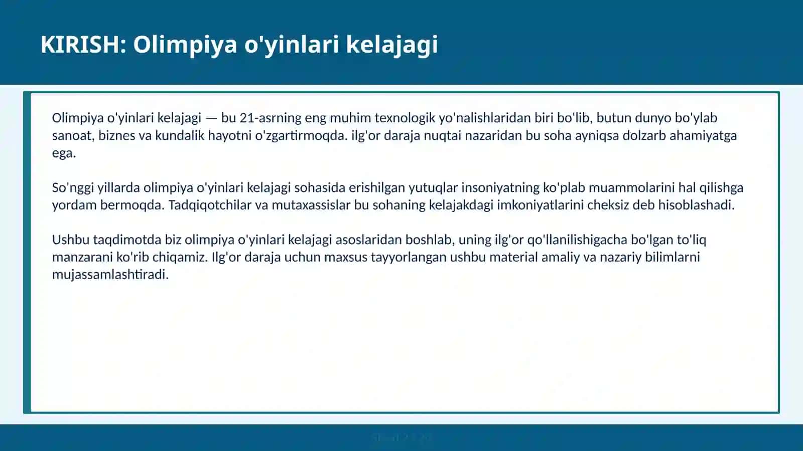 Olimpiya O'YINLARI KELAJAGI 2