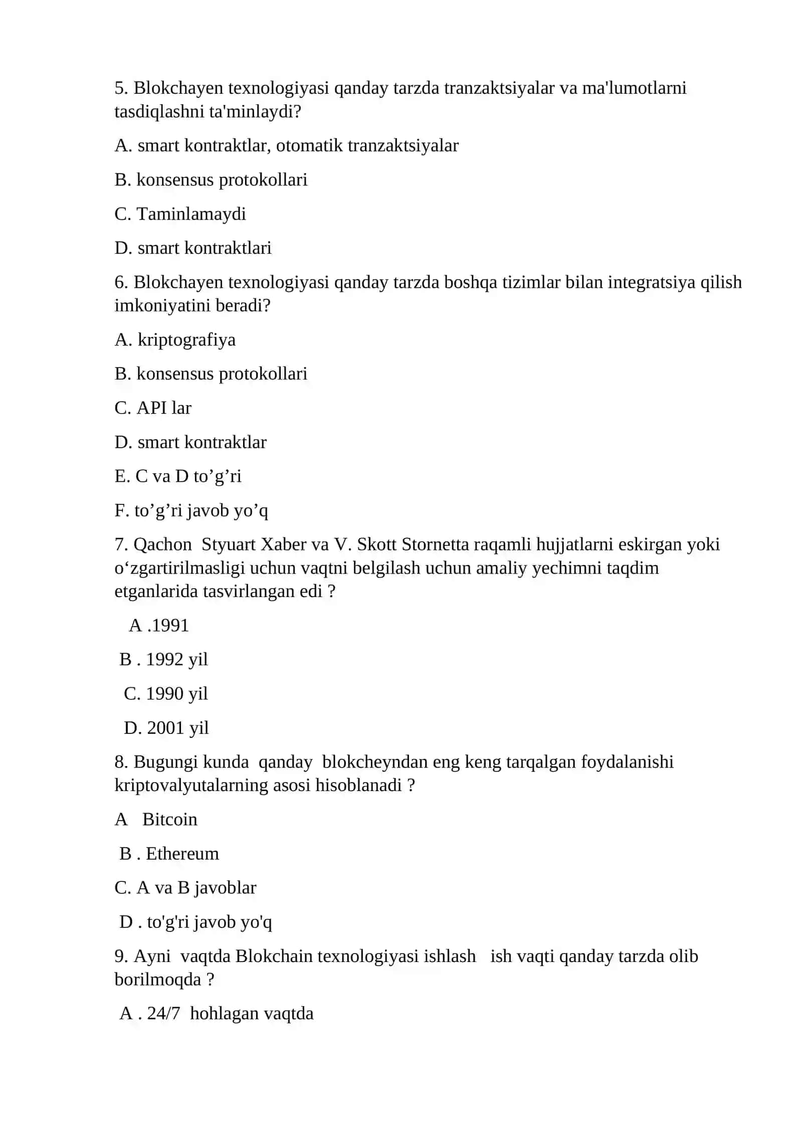 TEST Har xil faoliyat sohalarida blokchayen texnologiyasidan foydalanish xususiyatlari 2