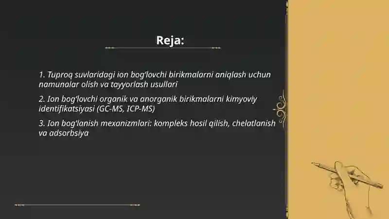 Tuproq suvning ifloslanishidan ion bog'lanishnig birikmalarini aniqlab ulardan tozalash goyasini ishlab chiqish 2