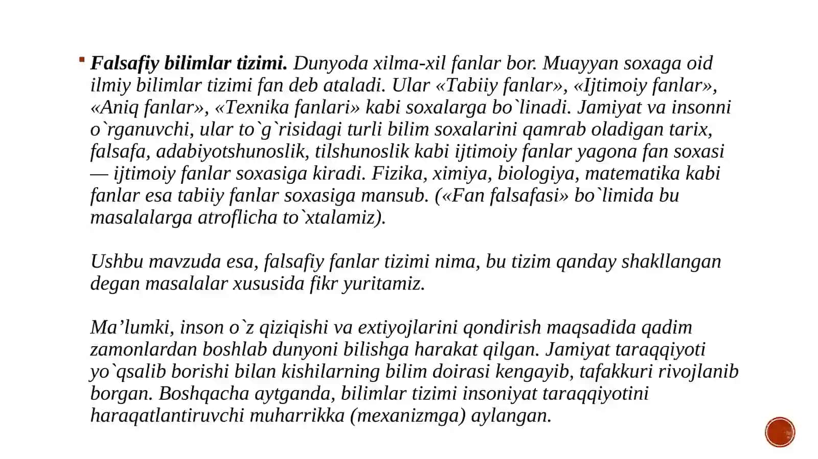 Falsafaning asosiy yo`nalishlari, fanlar tizimidagi o`rni va vazifalari. 2