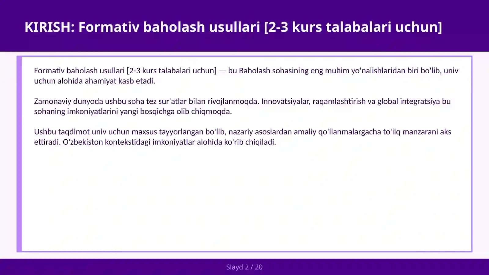 Formativ baholash usullari [2-3 kurs talabalari uchun] 2