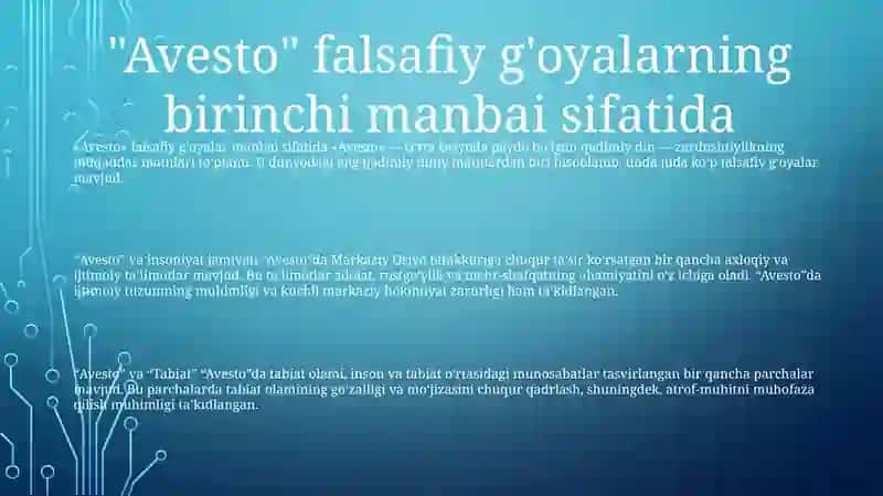 Avesto Qadimgi Davrda Markaziy Osiyoda Rivojlangan Inson Tabiat, Jamiyat Va Davlatchilik Haqidagi Falsafiy GʻOyalarning Ilk Manbasi Sifatida 2