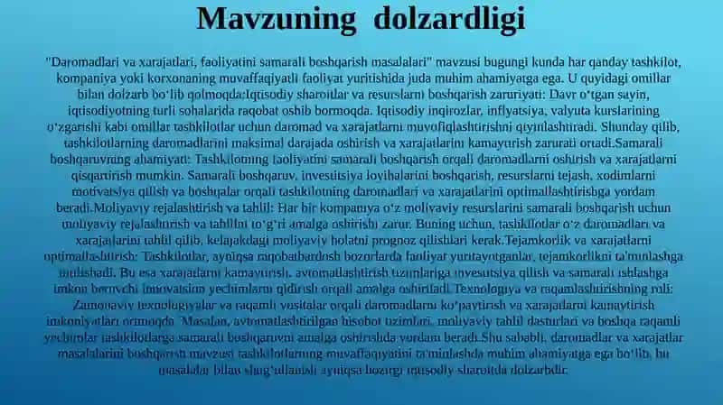 Daromadlari va xarajatlari, faoliyatini samarali boshqarish masalalari 2