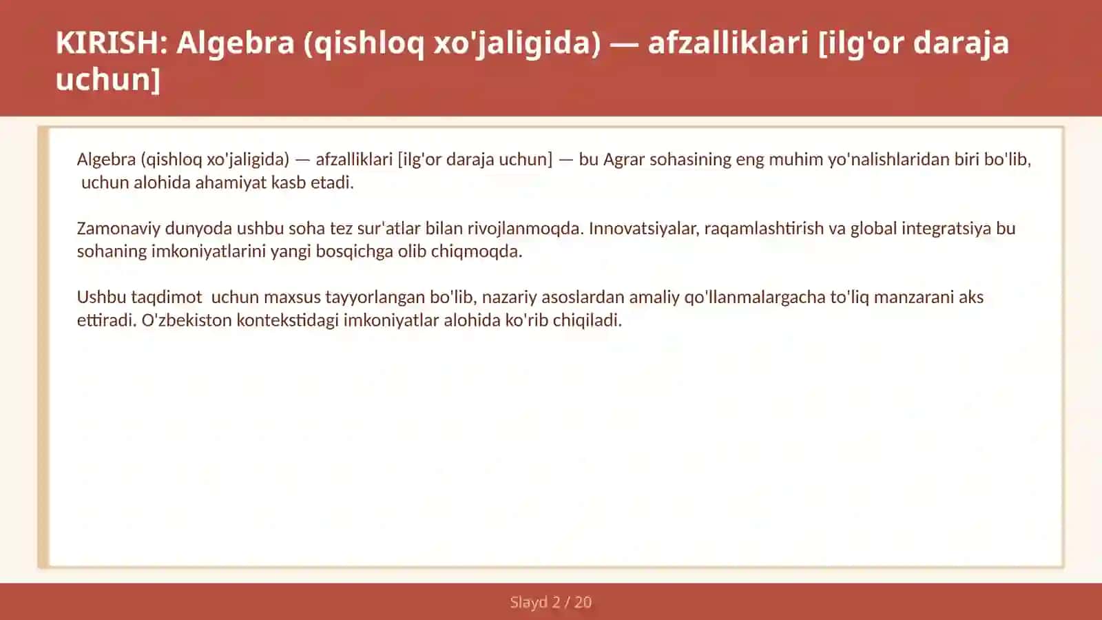 Algebra (qishloq xo'jaligida) — afzalliklari [ilg'or daraja uchun] 2