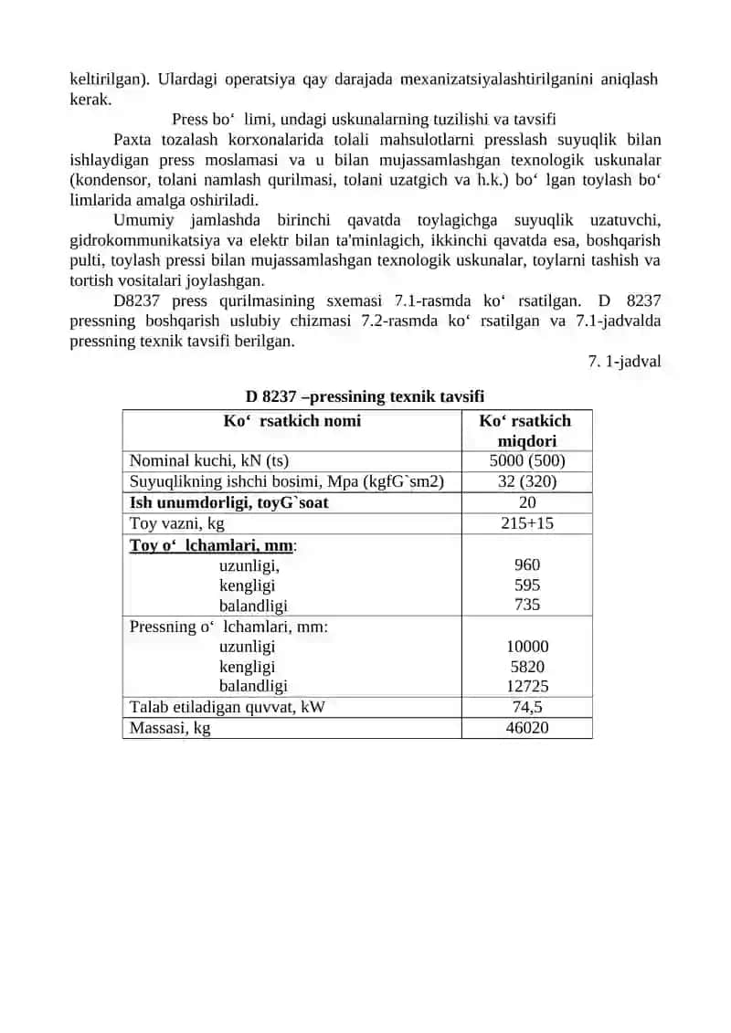 GIDRAVLIK PRЕSSLASH MOSLAMASINI MЕXANIZATSIYALASH HOLATINI ANIQLASH 2