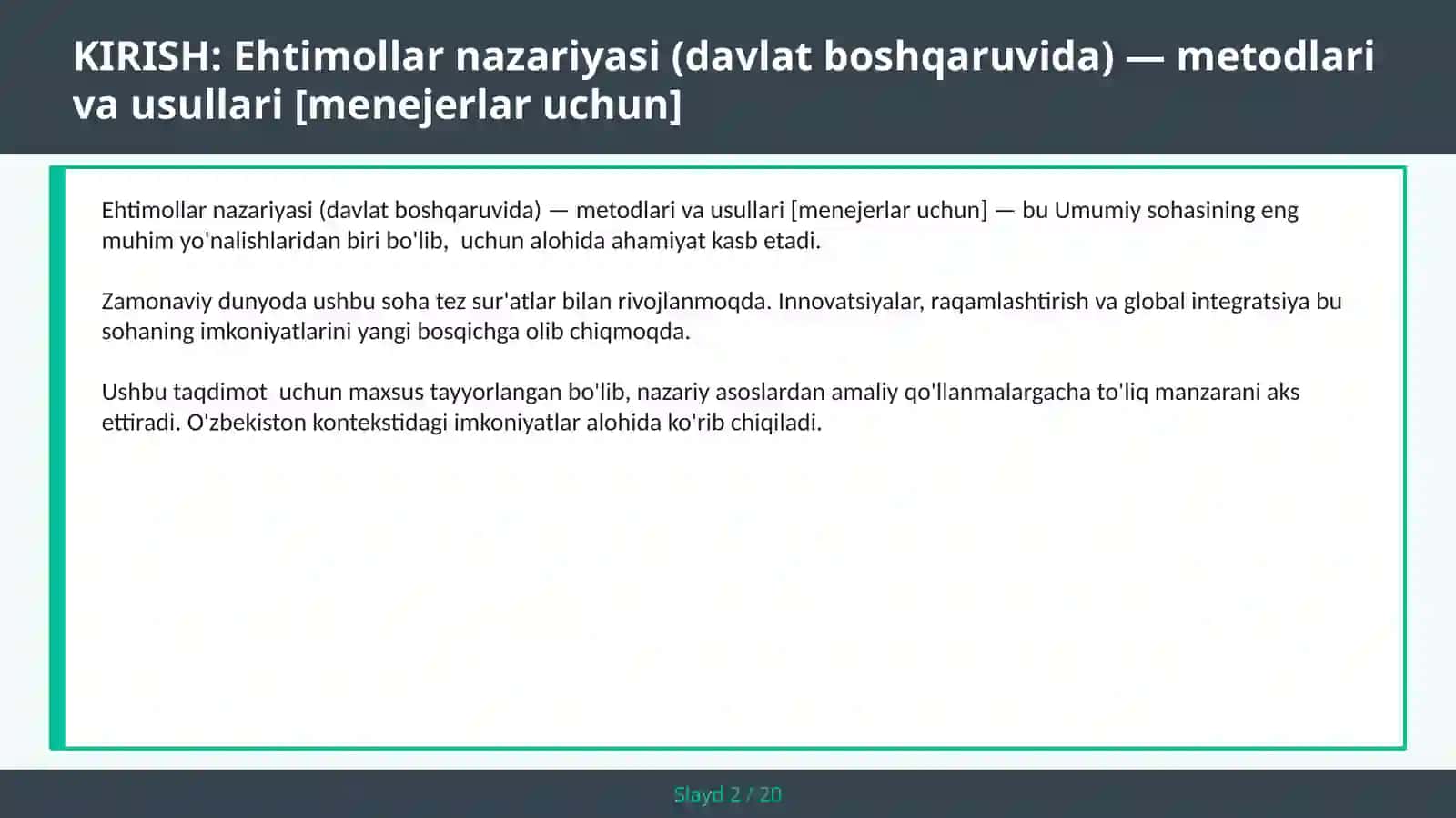 Ehtimollar nazariyasi (davlat boshqaruvida) — metodlari va usullari [menejerlar uchun] 2