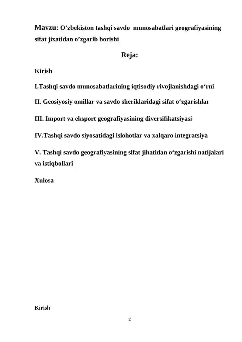 O’zbekiston tashqi savdo munosabatlari geografiyasining sifat jixatidan o’zgarib borishi 2