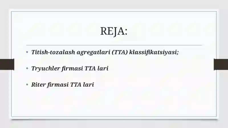 Truetzschler, Rieter, Marsoli firmalarining titish-tozalash agregatlari qiyosiy tahlili 2