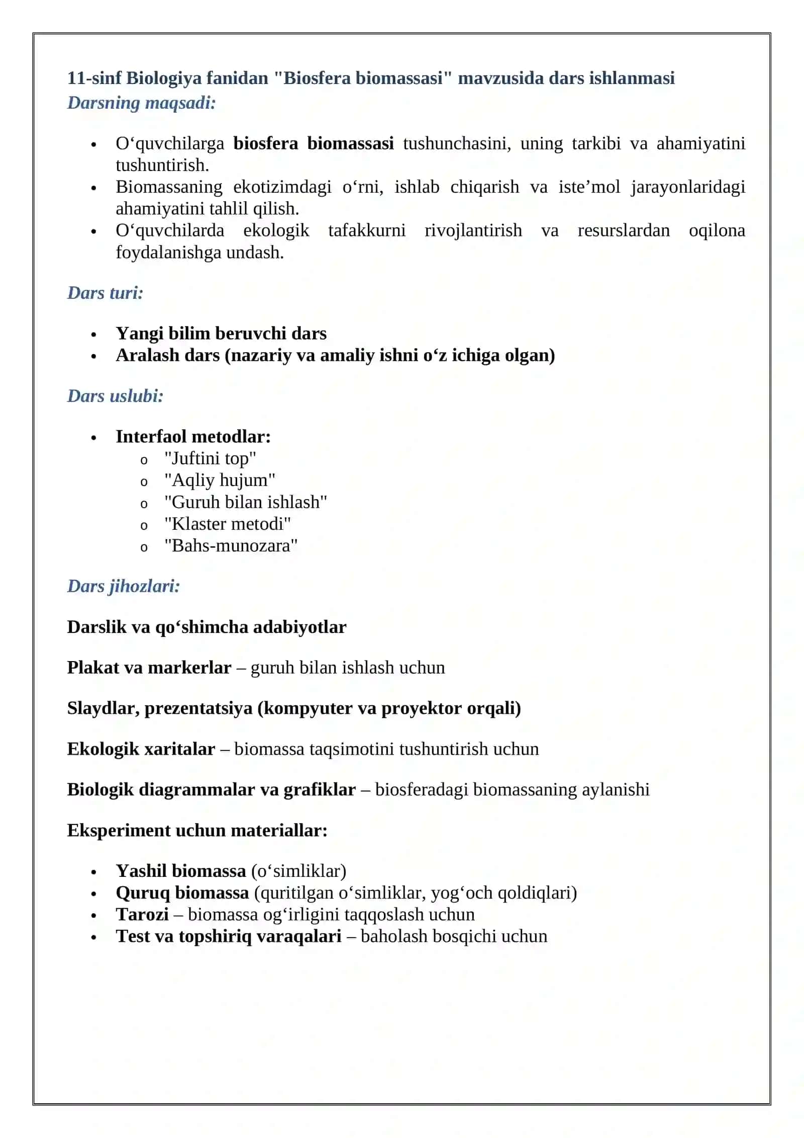 "Biosfera biomassasi" mavzusida tayyorlagan bir soatlik DARS ISHLANMASI 2