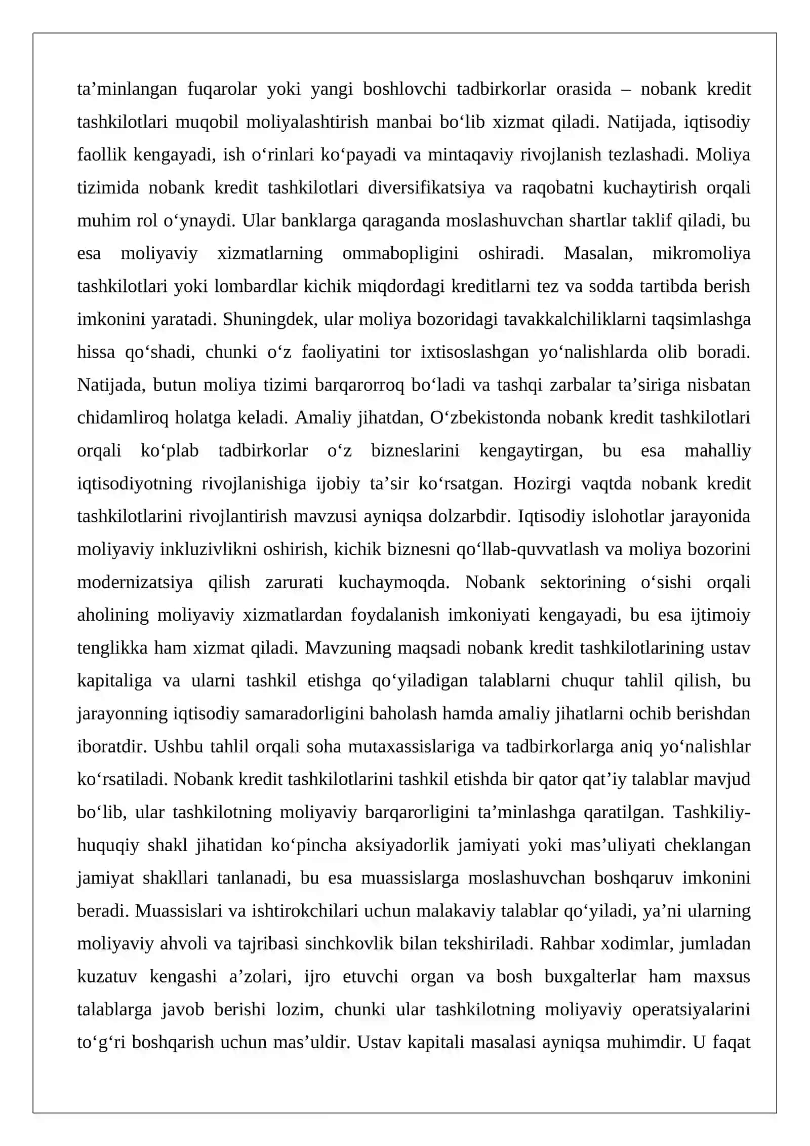 Nobank kredit tashkilotlari ustav kapitali, nobank kredit faoliyatini tashkil etish uchun qo‘yiladigan talablar 2