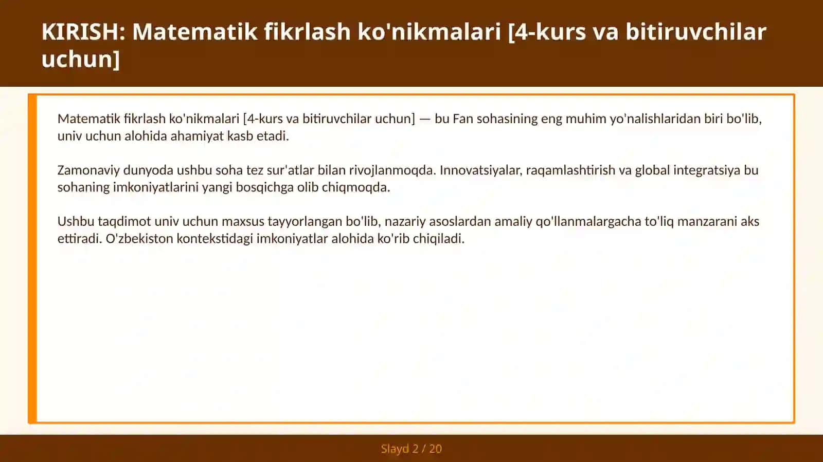 Matematik fikrlash ko'nikmalari [4-kurs va bitiruvchilar uchun] 2