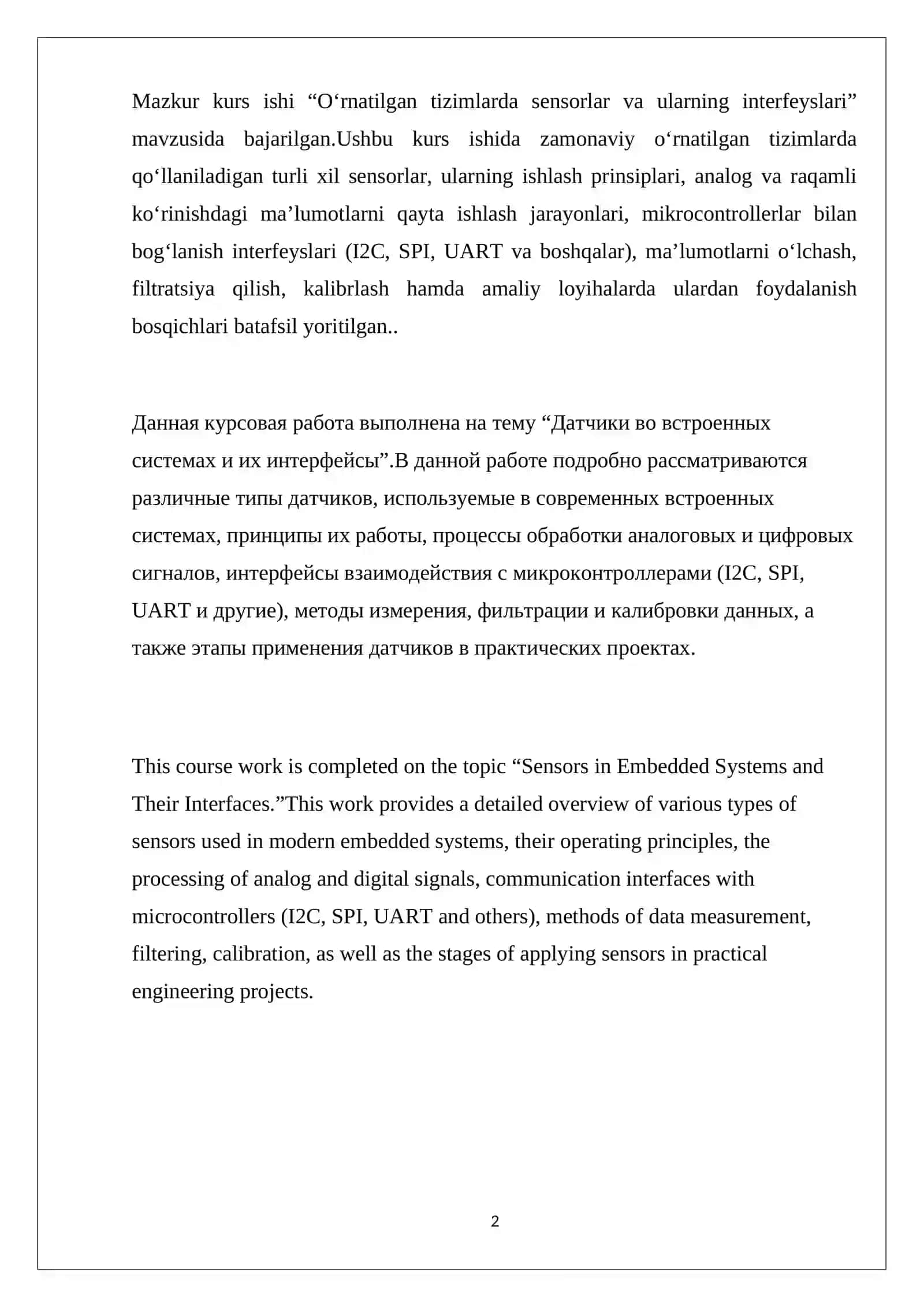 O‘RNATILGAN TIZIMLARDA SENSORLAR VA ULARNING INTERFEYSLARI KURS ISHI ISHIGA HISOBOT YOZUVI 2