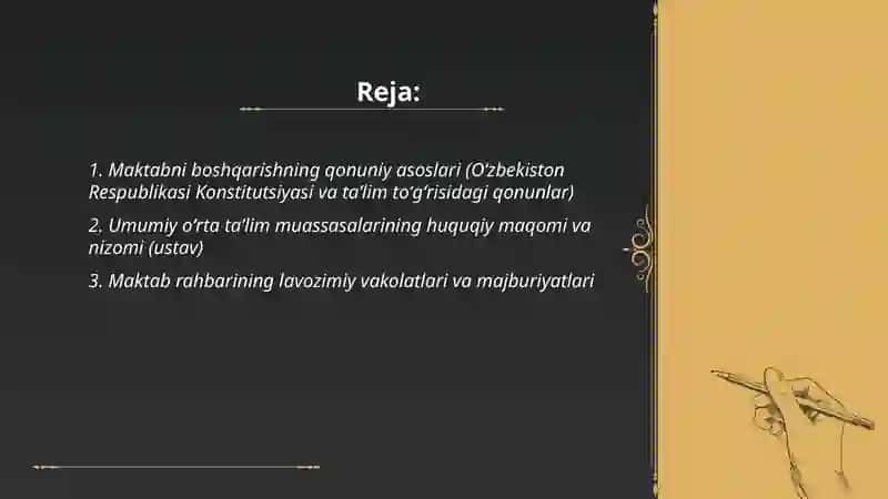 Maktabni boshqarish va unga rahbarlik qilishning qonun qoidalari mavzusiga konspekt tayyorlash 2