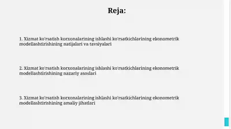 Xizmat koʻrsatish korxonalari faoliyai ko'rsatkichlarini ekonometrik modellashtirish 2