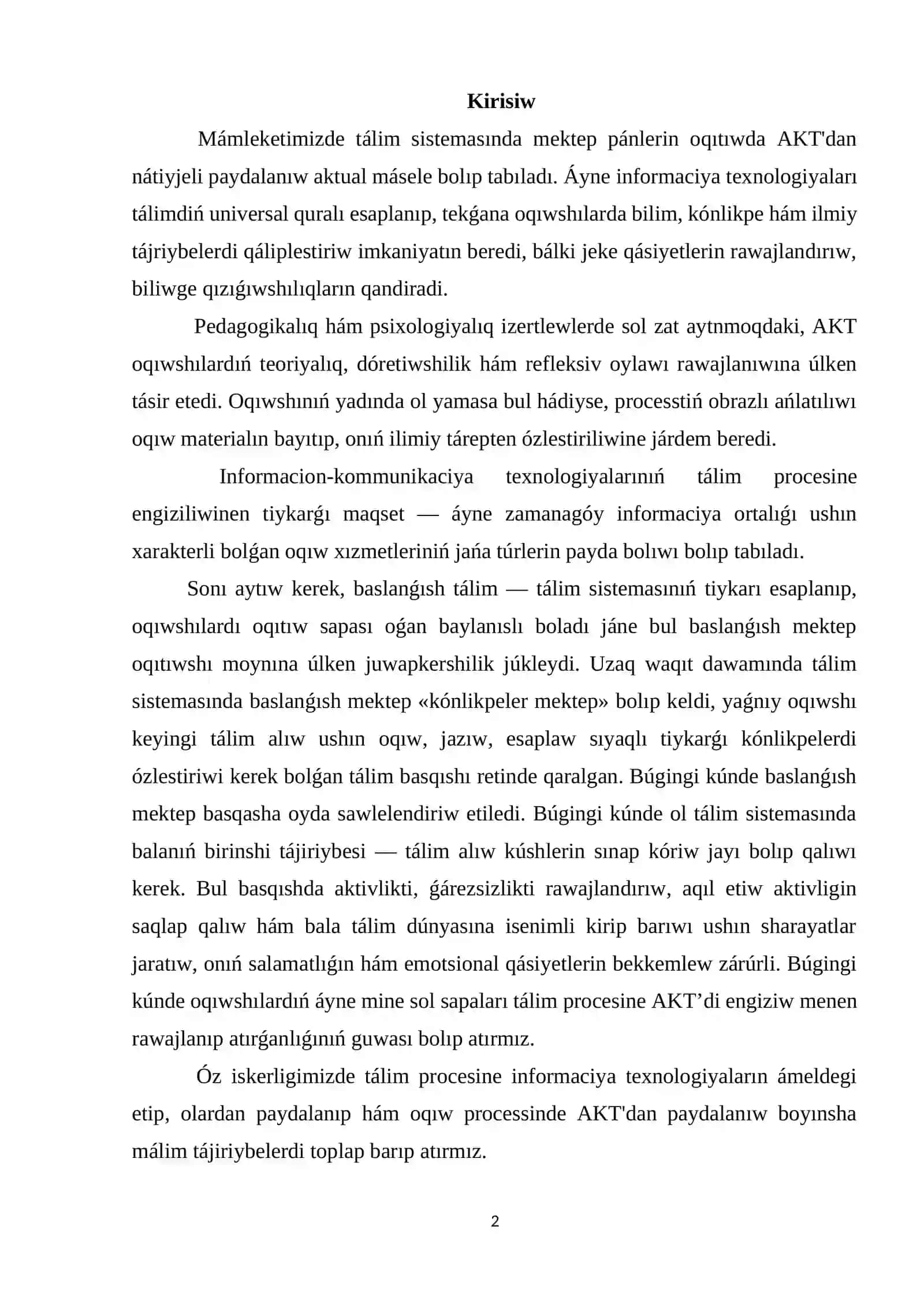 Baslawısh klass oqıwshılarınıń normativ hújjetleriniń tayarlawda word baǵdarlamasın paydalanıw 2
