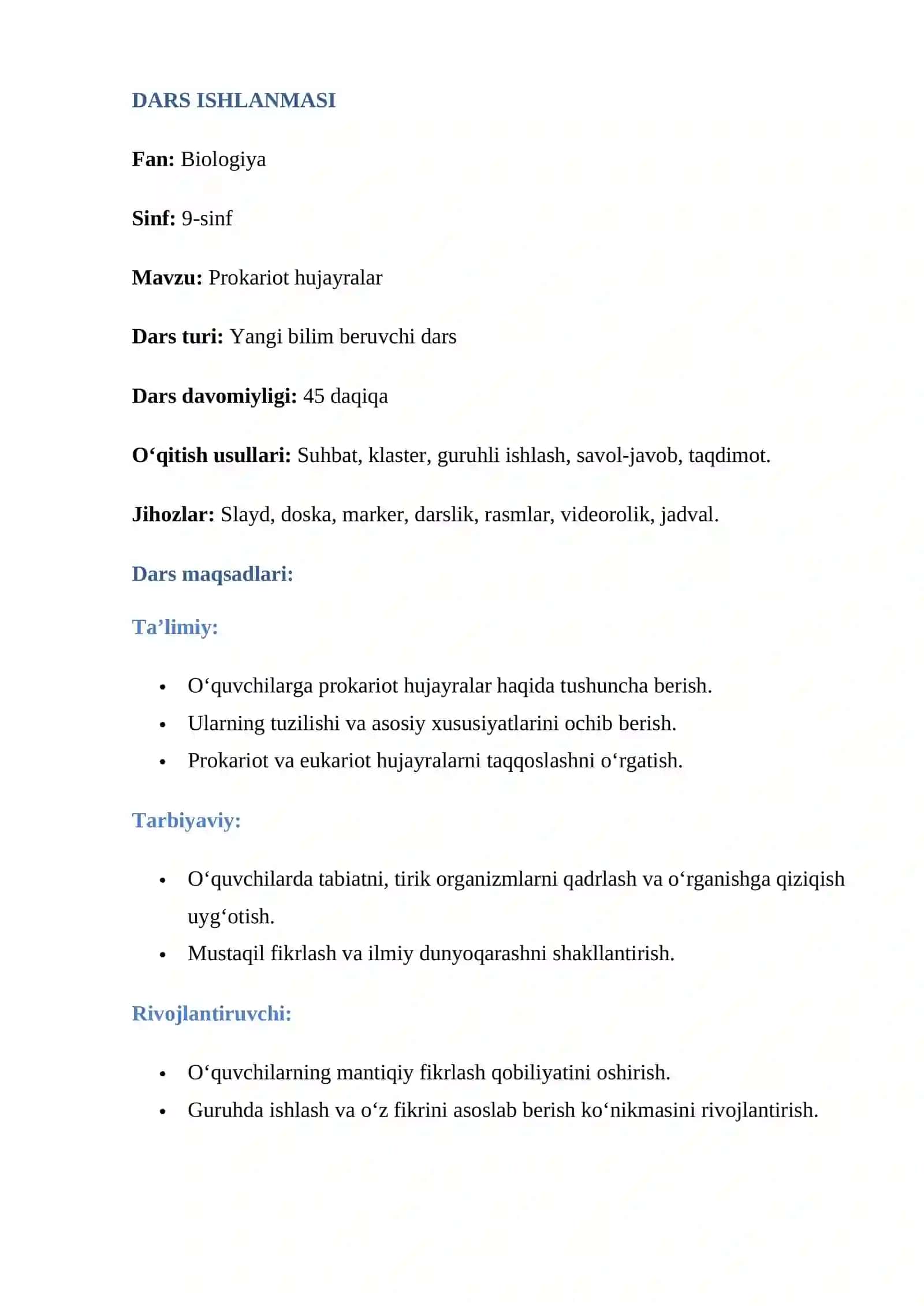 "Prokariot hujayralar" 9-sinf Biologiya 2