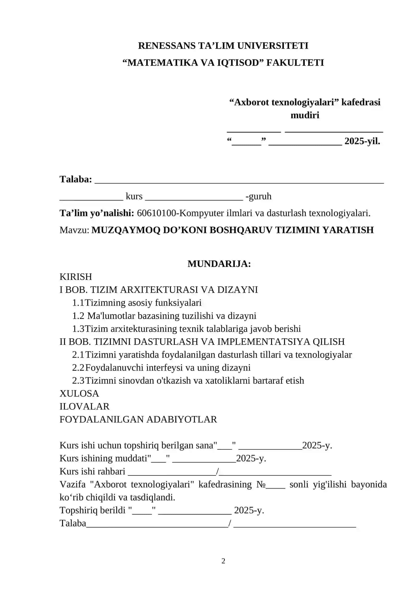 MUZQAYMOQ DO’KONI BOSHQARUV TIZIMINI YARATISH 2