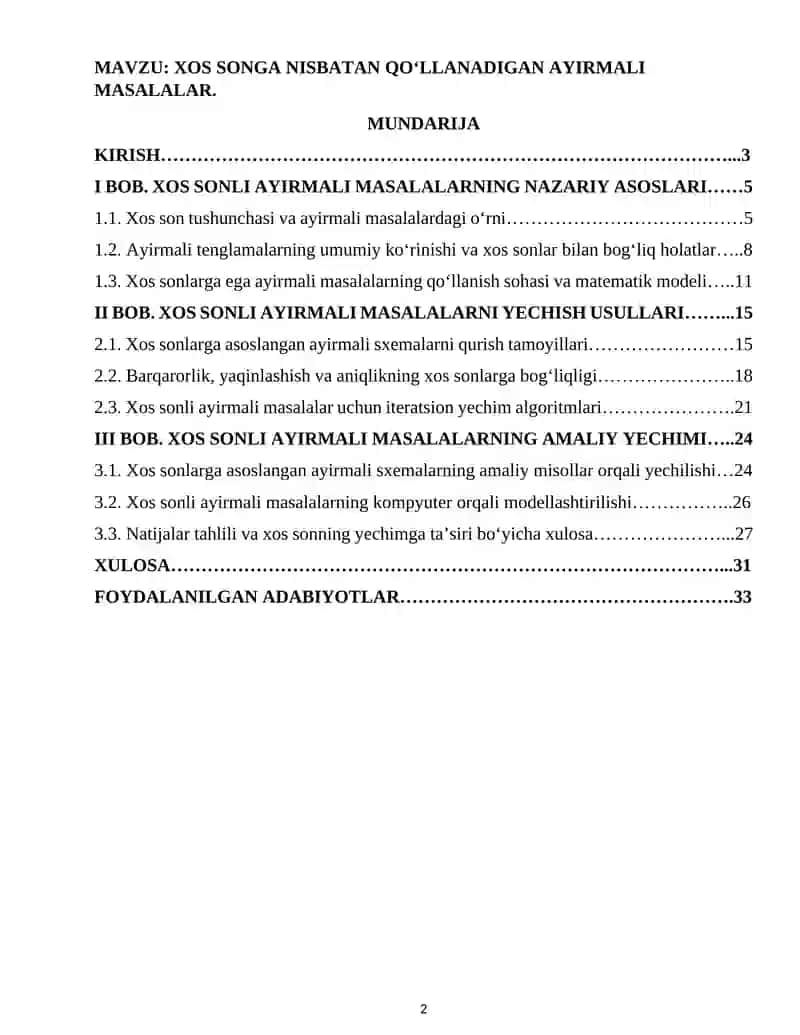 XOS SONGA NISBATAN QO‘LLANADIGAN AYIRMALI MASALALAR. 2