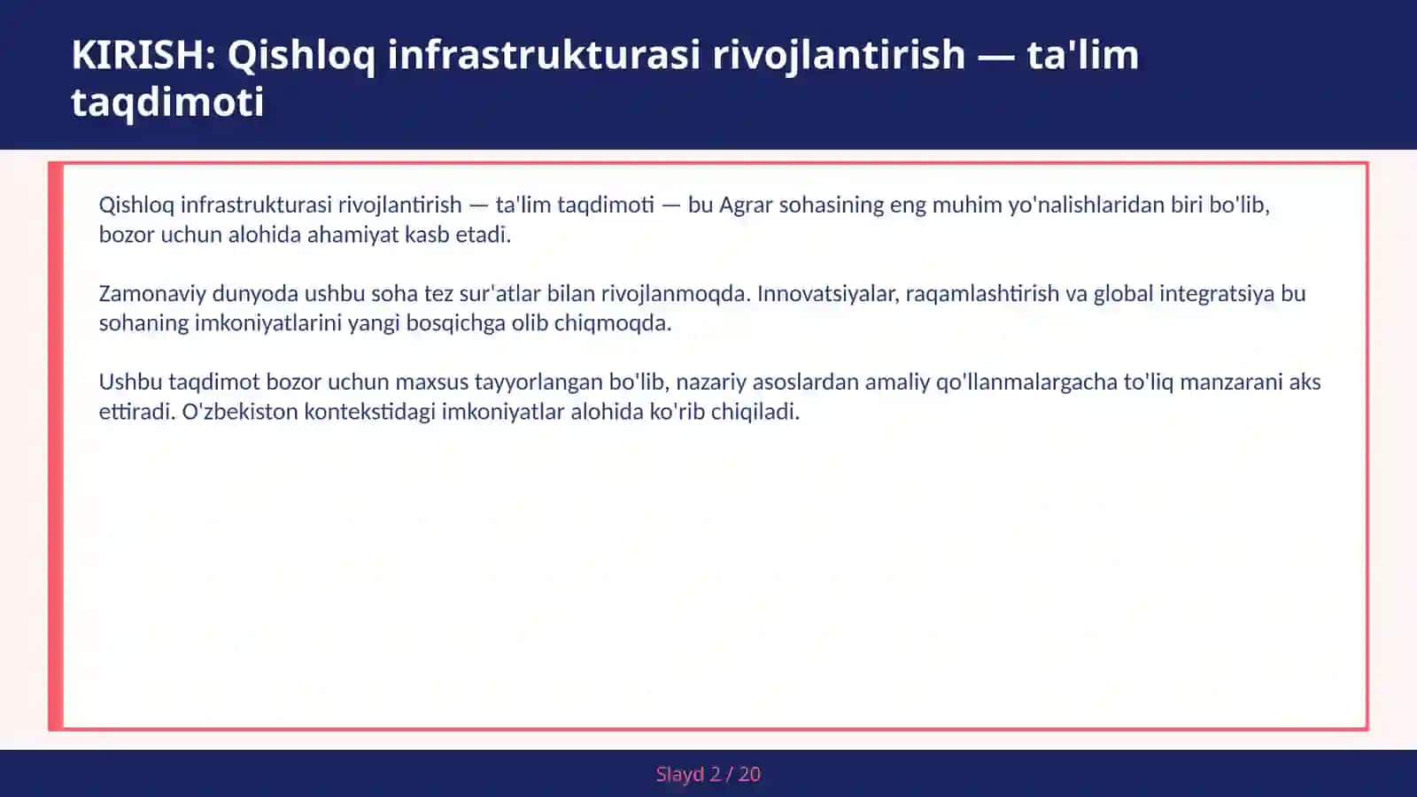 Qishloq infrastrukturasi rivojlantirish — ta'lim taqdimoti 2