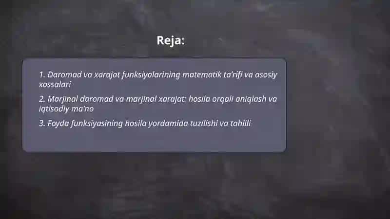 Daromad va xarajat funksiyalarini hosila yordamida tahlil qilish 2
