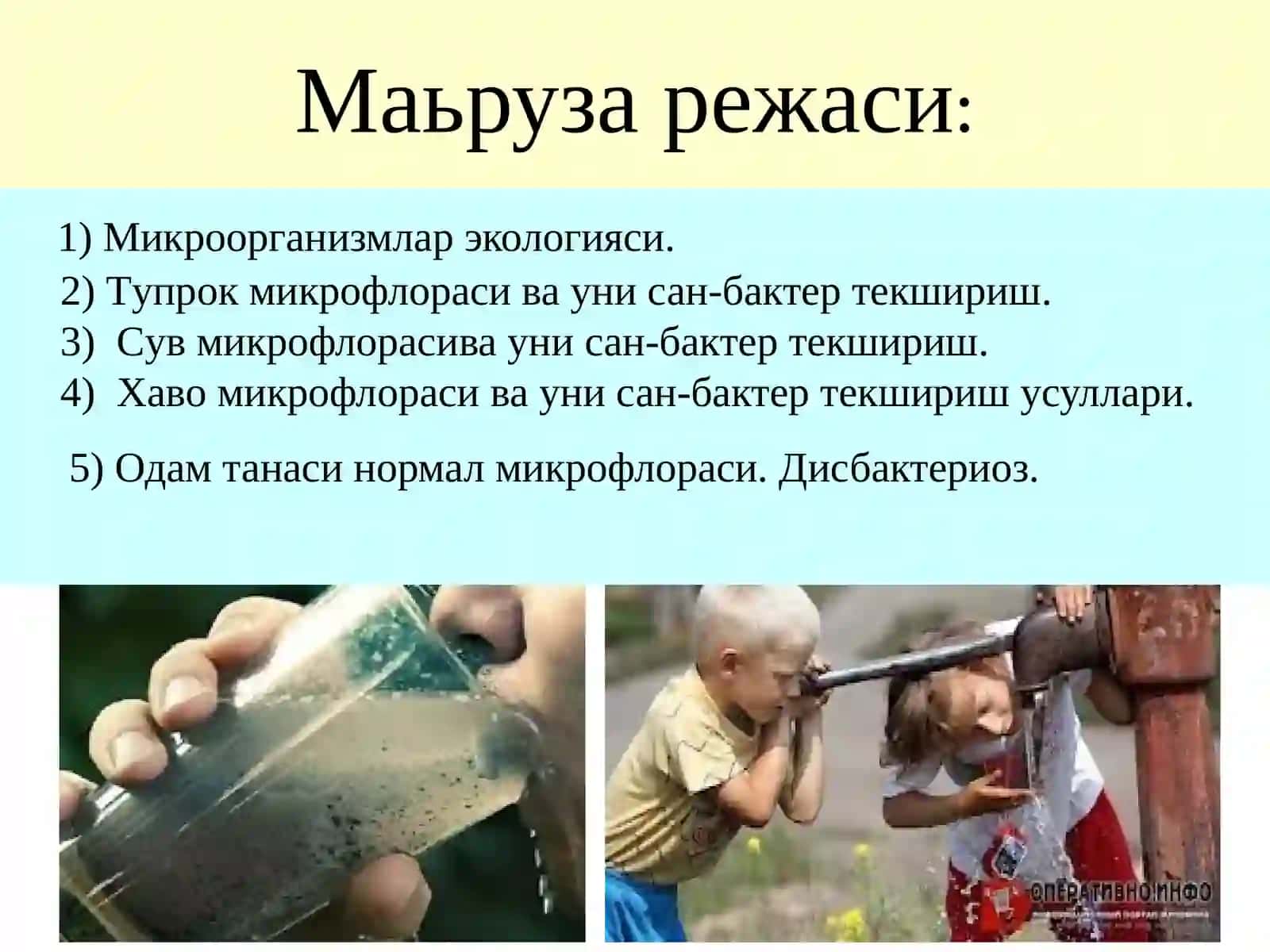 Микроорганизмлар экологияси. Тупрок, сув, хаво микрофлораси. Одам танаси нормал микрофлораси.Дисбактериоз 2