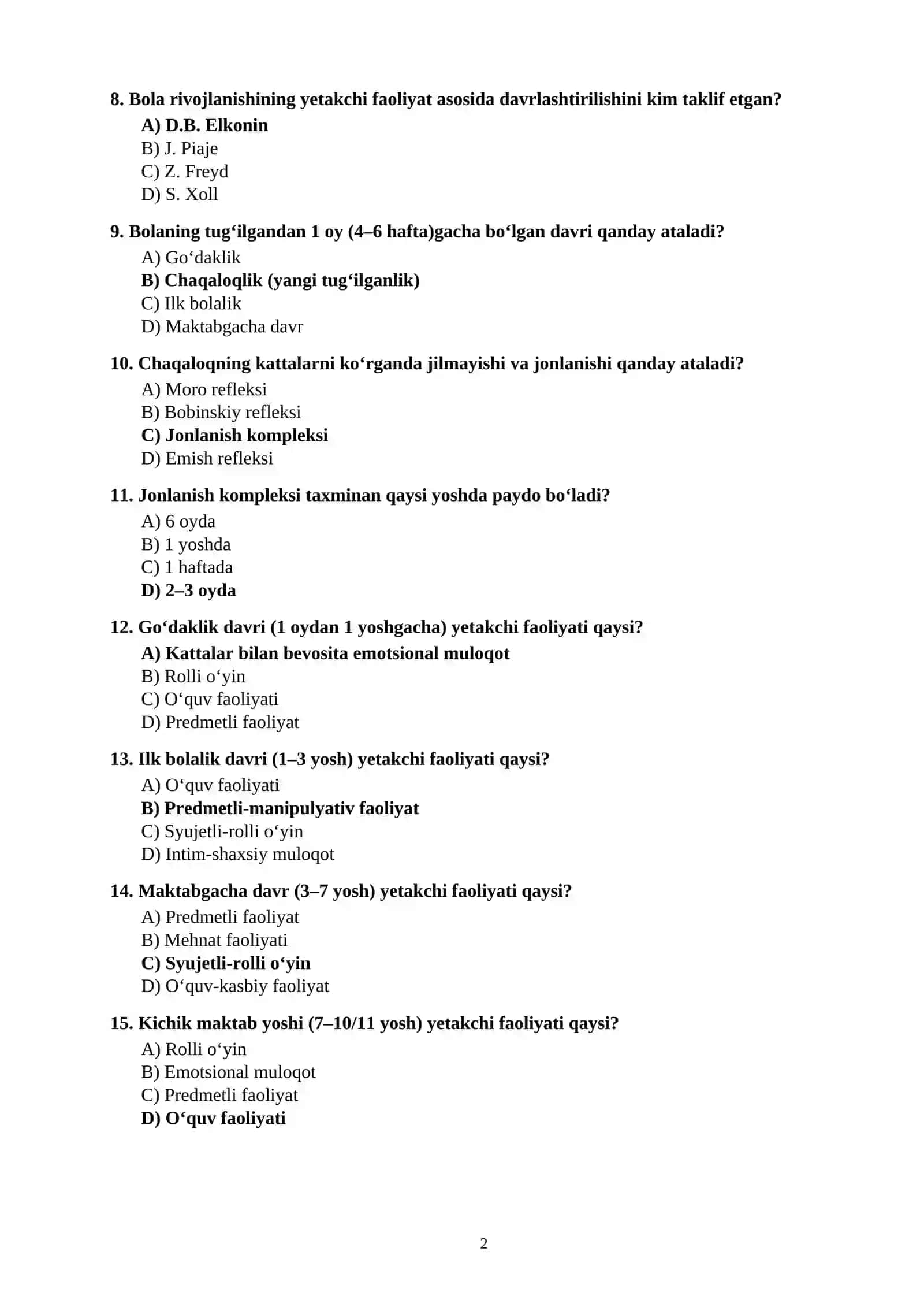 BOLALAR PSIXOLOGIYASI” DAN 100 TA TEST SAVOLLARI JAVOBLARI BILAN 2
