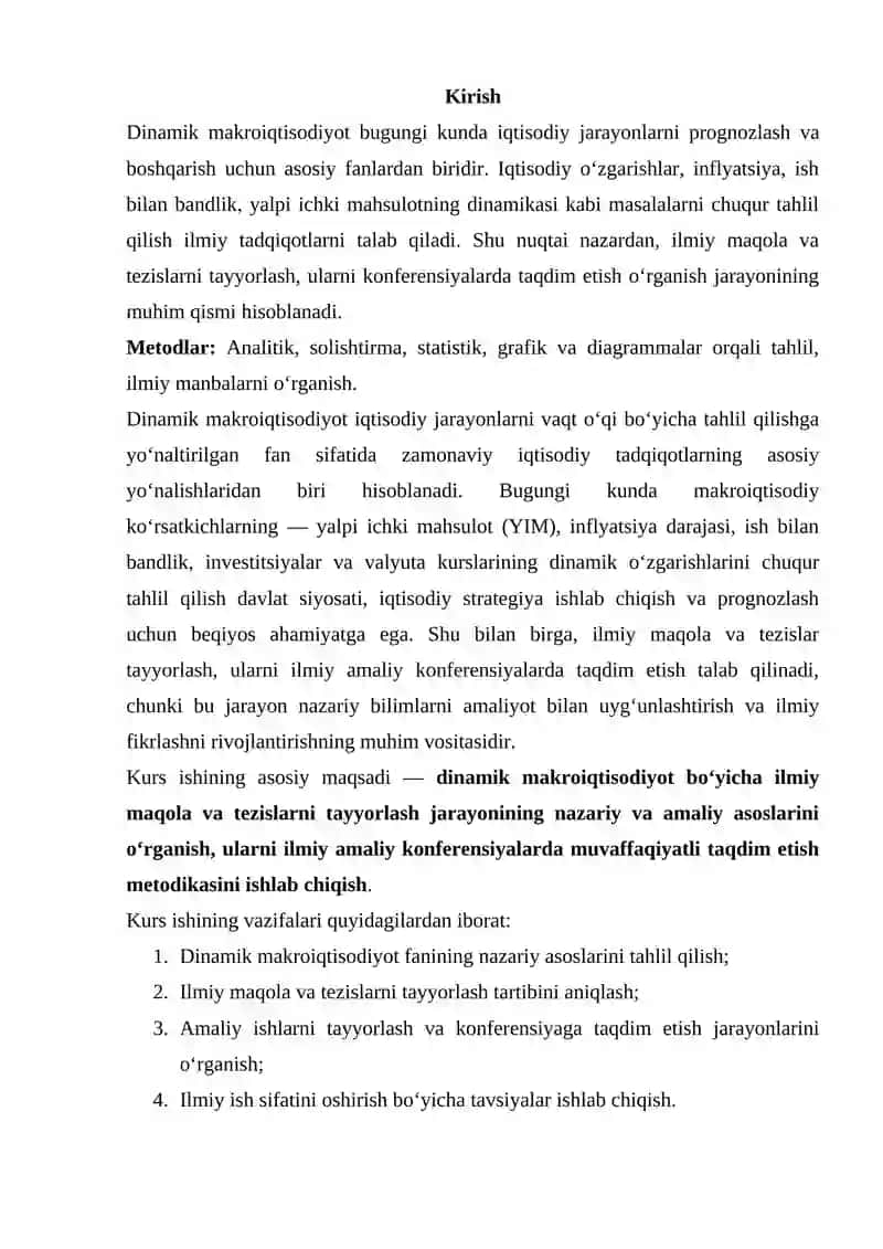 Dinamik makroiqtisodiyot fanidan ilmiy amaliy konferensiyalarga ilmiy maqola va tezislar tayyorlash 2