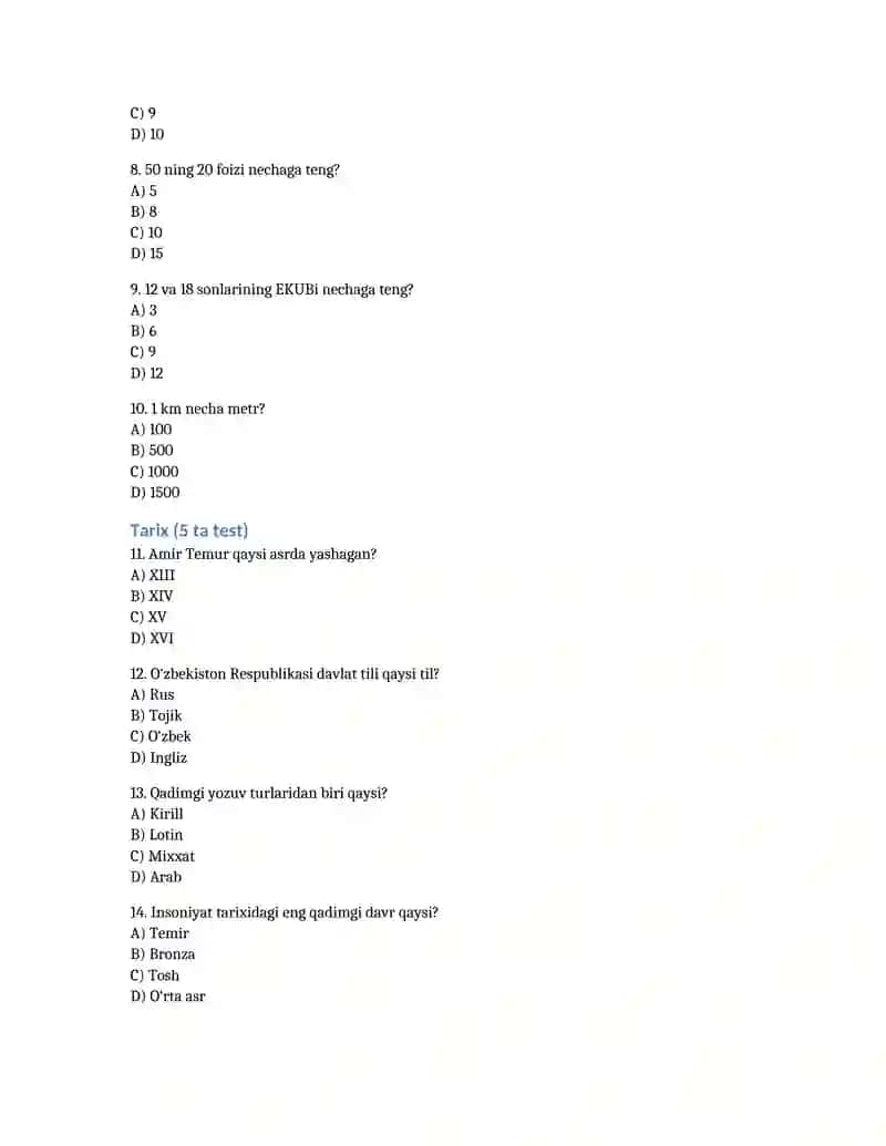 DTM majburiy 3 fan (ona tili, matematika, tarix) bo‘yicha 15 talik test Word faylda 3-namuna. 2